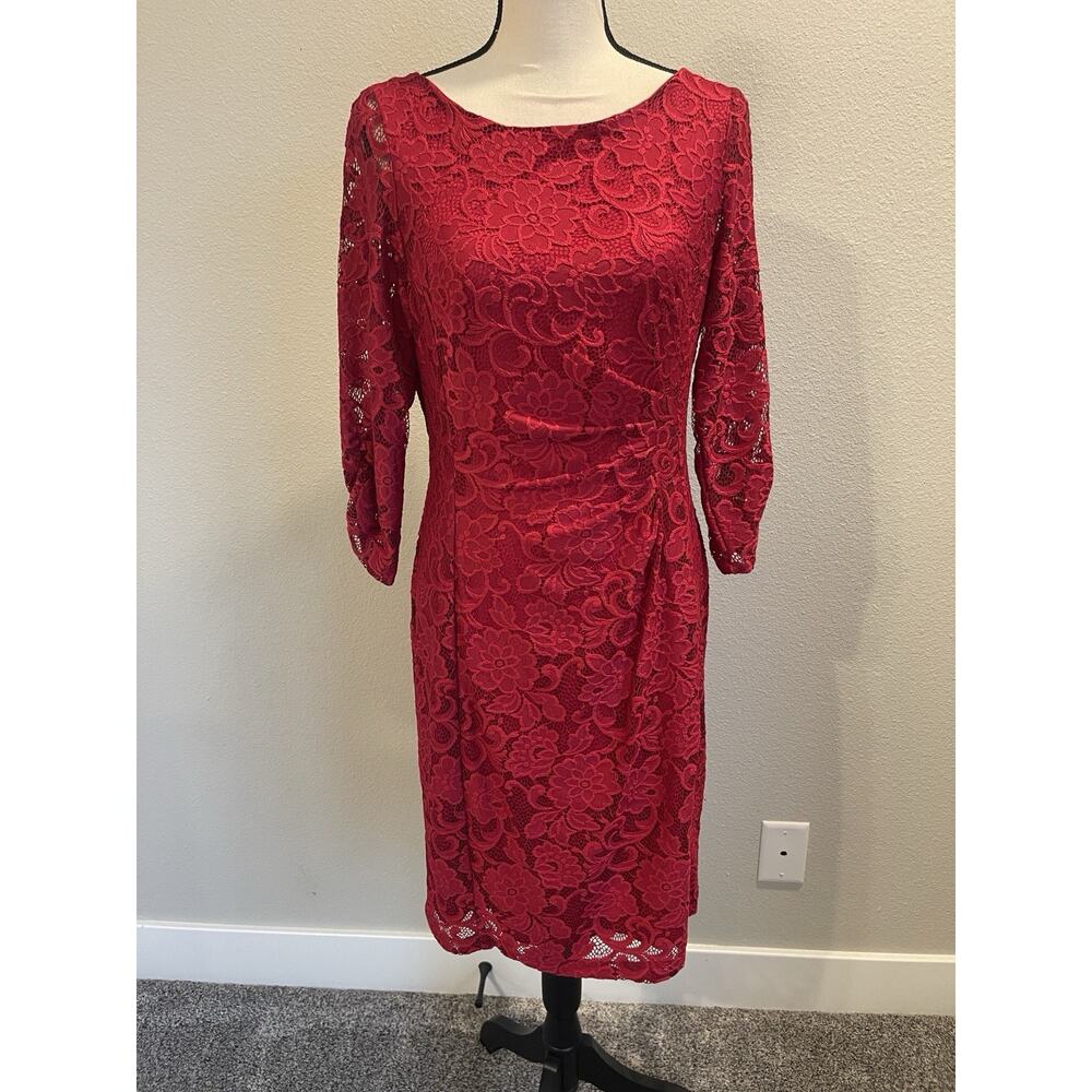 Tahari Arthur Levine Sz 10 Red Lace Cocktail Dress Side Sleeve Ruching Lined